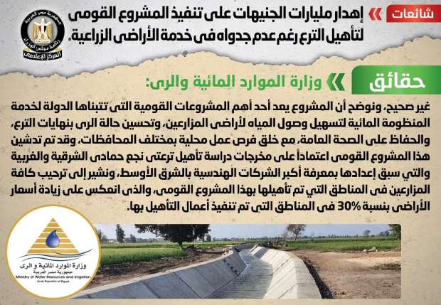 الحكومة تنفي إهدار المليارات على تنفيذ المشروع القومي لتأهيل الترع